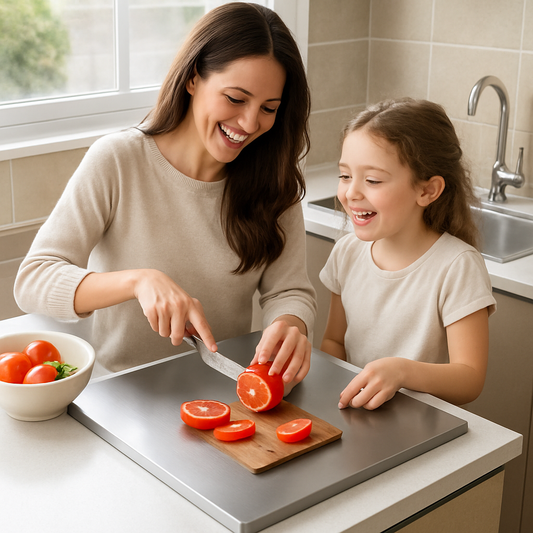 Planche à découper multifonction femme coupe la tomate très contente avec sa fille